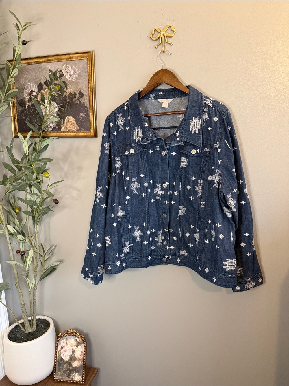 Laura Ashley 3X Embroidered Denim Jacket Boho Western Aztec Plus Size Cotton - Picture 6 of 8